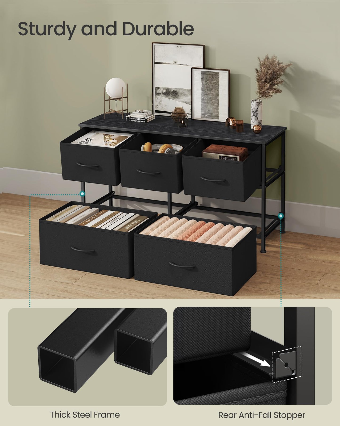 SONGMICS Dresser for Bedroom, Chest of Drawers, Steel, MDF, 5 Non-Woven Fabric Drawers, Storage Organizer Unit, Closet, Entryway, Ink Black and Ebony Black ULGS322B01S
