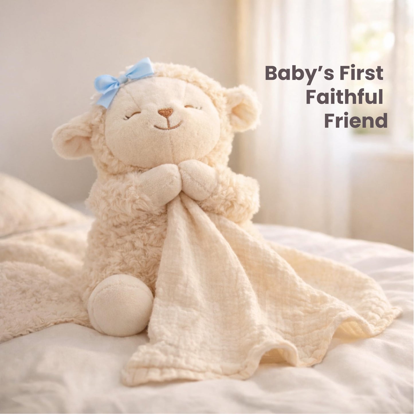 Highmark Collective Baptism Gift for Boy Baptism Set with 10" Praying Lamb Plush Toy with Blue Bow, Bamboo Muslin Blanket & First Prayer Book, Ready to Gift Keepsake Box