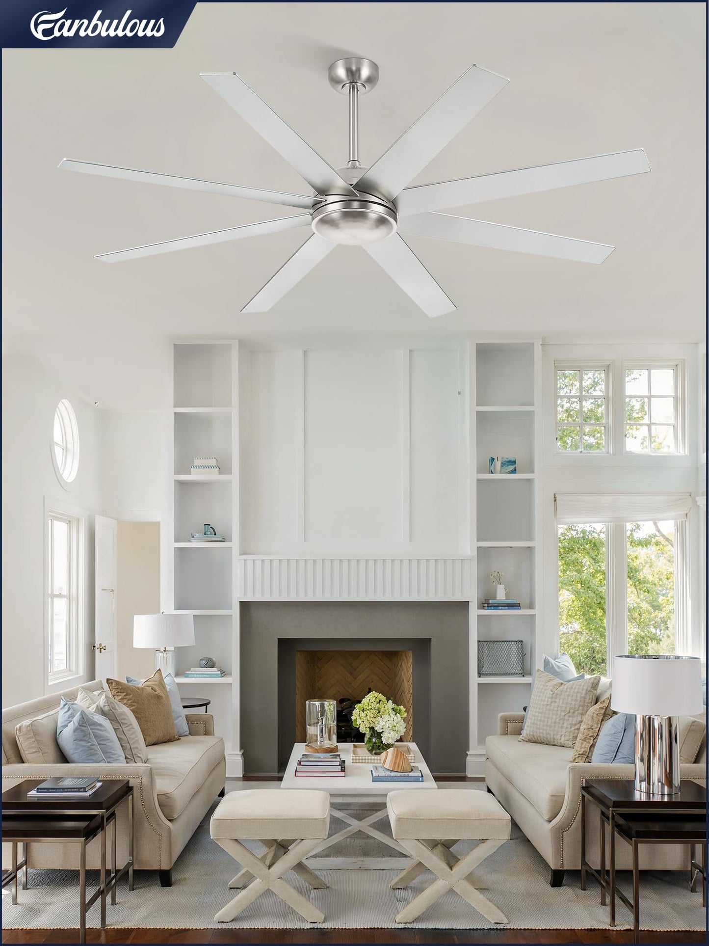 65 Inch Ceiling Fans No Light with Remote, Brushed Nickel Indoor/Outdoor Ceiling Fan Without Light with Quiet Reversible DC Motor, 6 Speeds, 8 Blades Large Ceiling Fan for Living Room Bedroom Patio