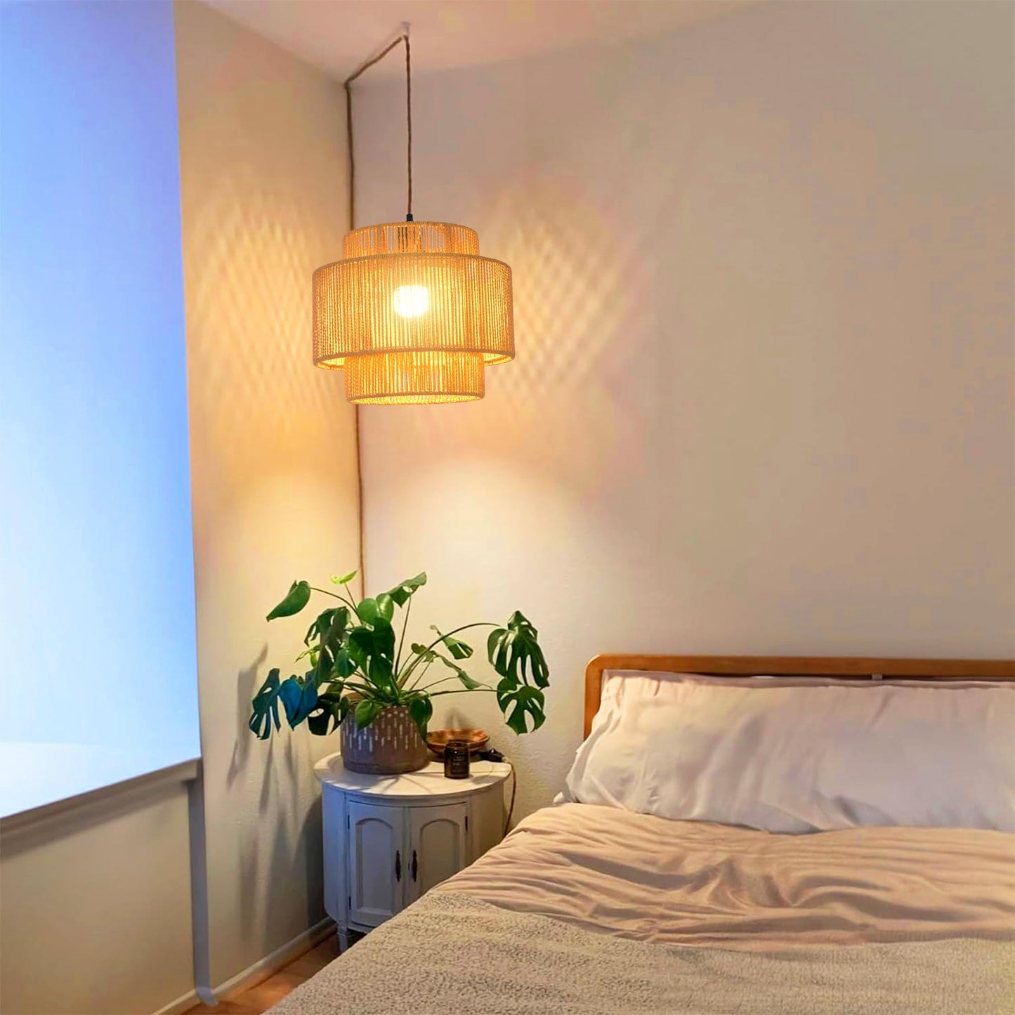 QIYIZM Plug in Pendant Light Hanging Lights with Plug in Cord Hanging Lamp Boho Rattan Dimmable Wicker Bamboo Woven Shade Hemp Rope Ceiling Light Fixture for Living Room Bedroom Kitchen