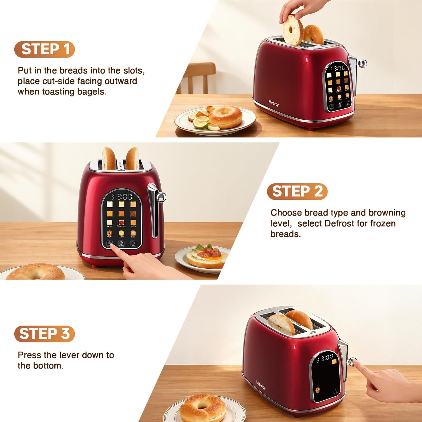 Mecity Toaster 2 Slice, Touch Screen Wide Slot Retro Toaster For Breads Bagel Muffin Waffle, House Warming Gift New Home, 120V 825W, Red Pearl