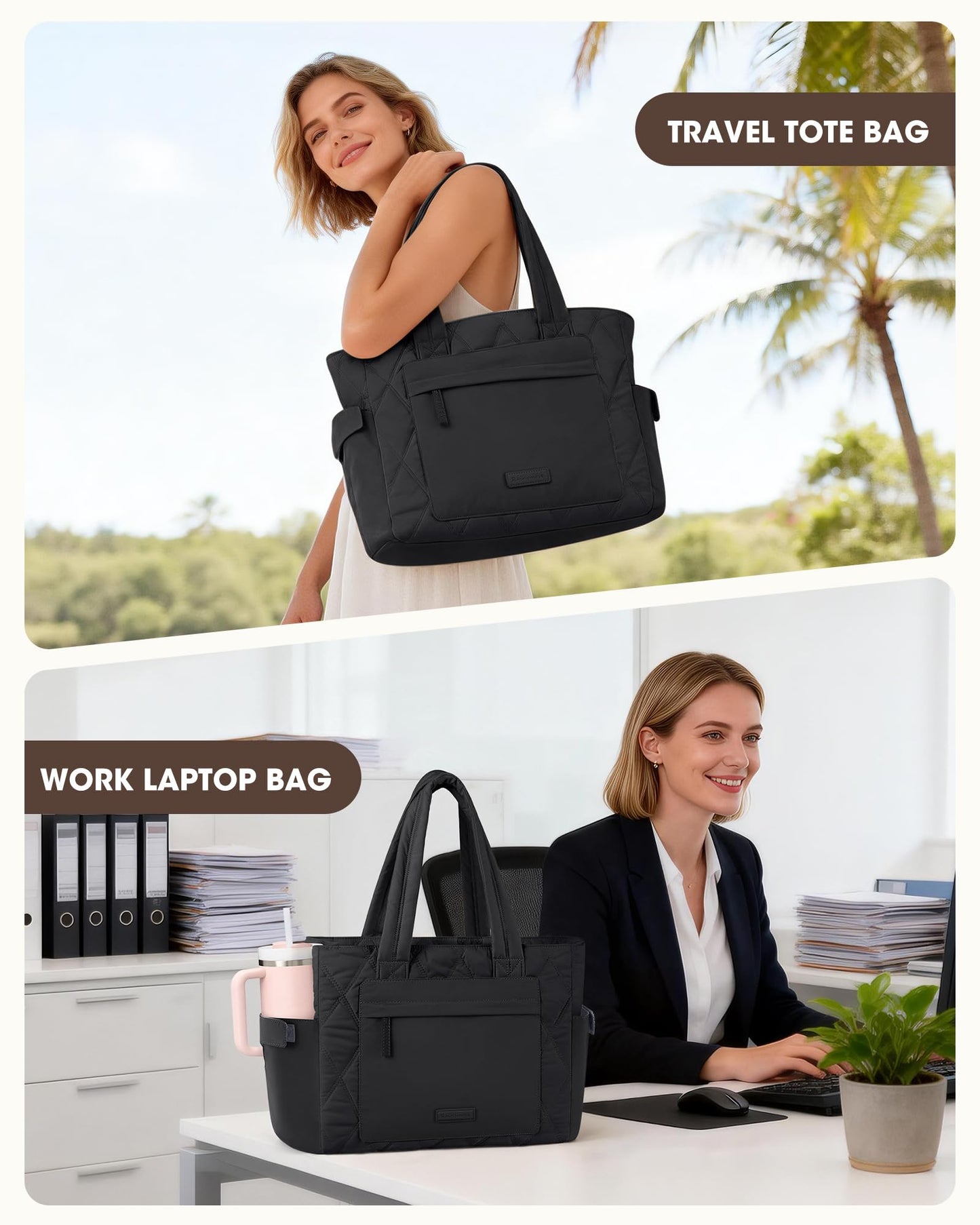 RAINSMORE Work Tote Bag for Women, 15.6 Inch Puffer Laptop Bag, Lightweight Quilted Travel Tote Bags for Teacher Nurse, Large Computer Handbag with 40oz Water Bottle &19 Pockets, Black