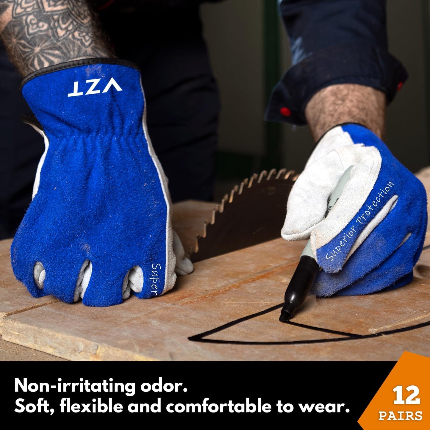 VZT 12 Pairs Bulk Leather Work Gloves for Men or Women for Construction, Wood cutting, Driving, Gardening, Automotive Repair, Water Resistant, Soft, Cowhide, Class 4 Abrasion Resistant, Blue-White, L
