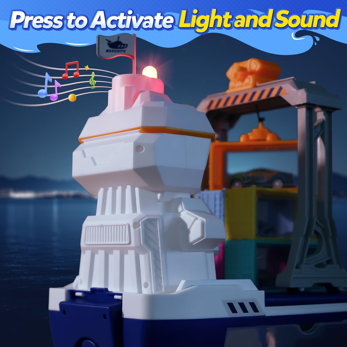 CUTE STONE Cargo Ship Toy & Gantry Crane, Toy Boat and Crane Playset with Sounds & Lights, Transport Containers, Push and Go Vehicle Cars, Kids Play Boats for Boys Girls