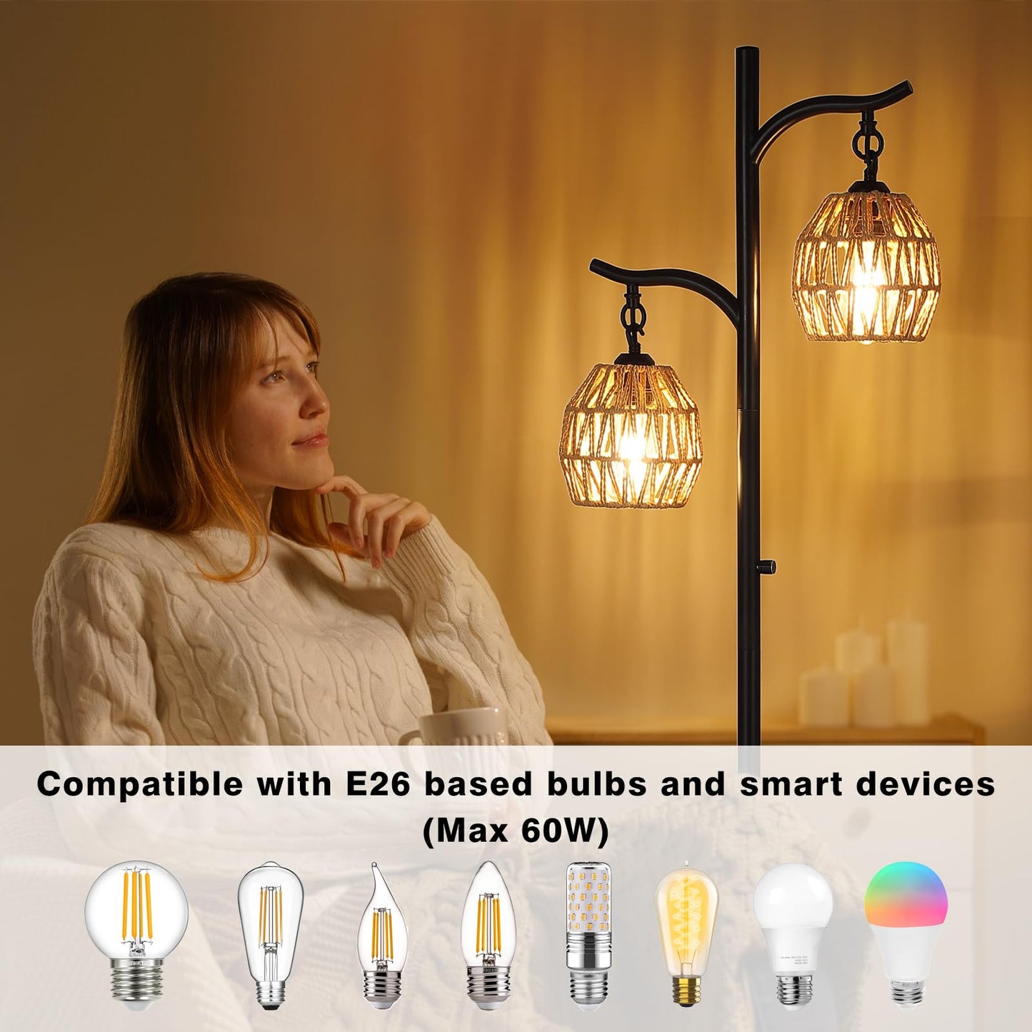 9MMML Rattan Floor Lamp for Living Room, Boho Floor Lamp with 2 Hanging Rattan Lamp Shade, 67'' Farmhouse Dimmable Black Standing Lamp with Rotary Switch for Bedroom, 2 x 800LM LED Bulbs Included