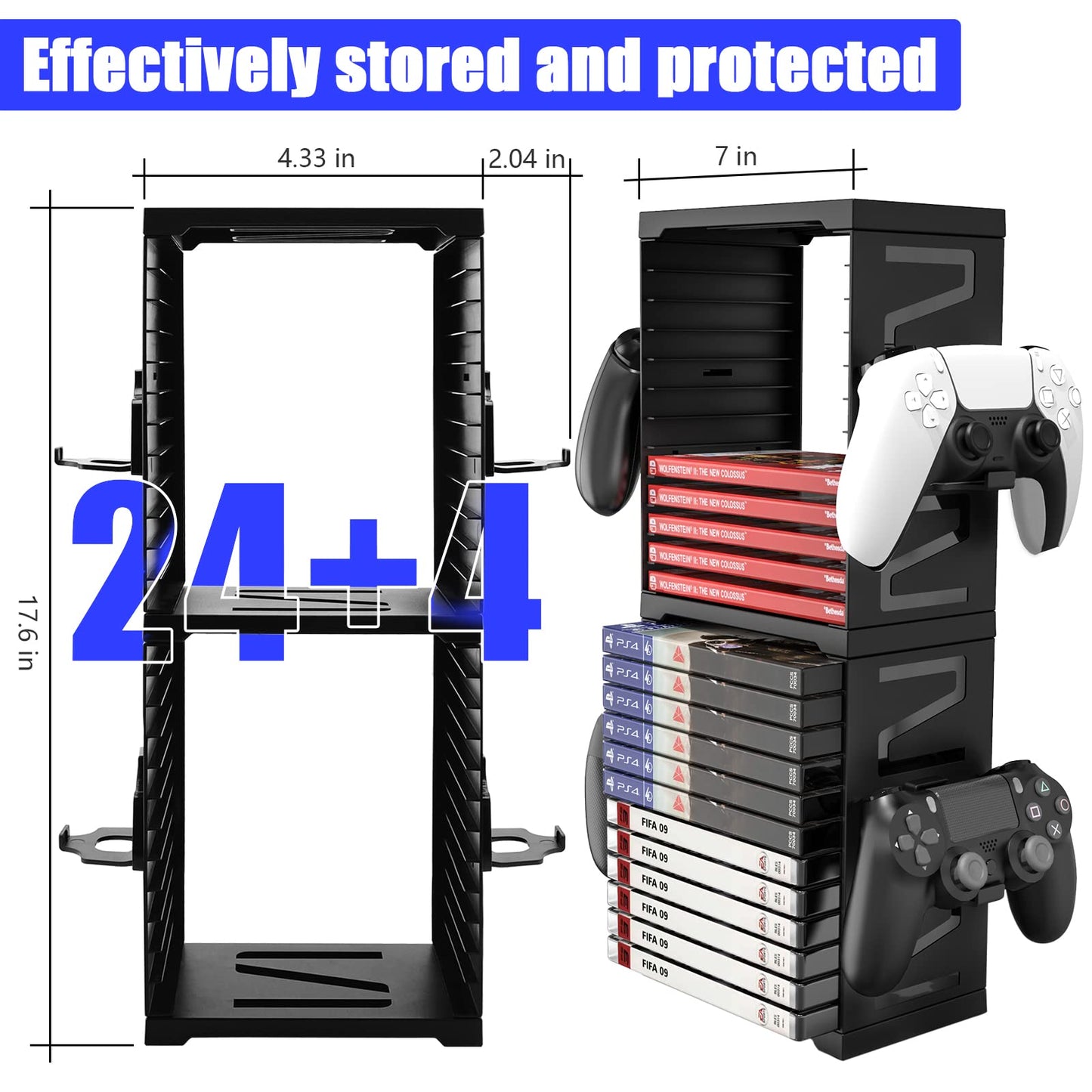 SIKEMAY Game Storage Tower for PS5/PS4/Xbox Series S & X - Universal Video Game Disc Organizer with 24 PCS Holders, 4 Controller Slots & Stand Rack Accessories - Black