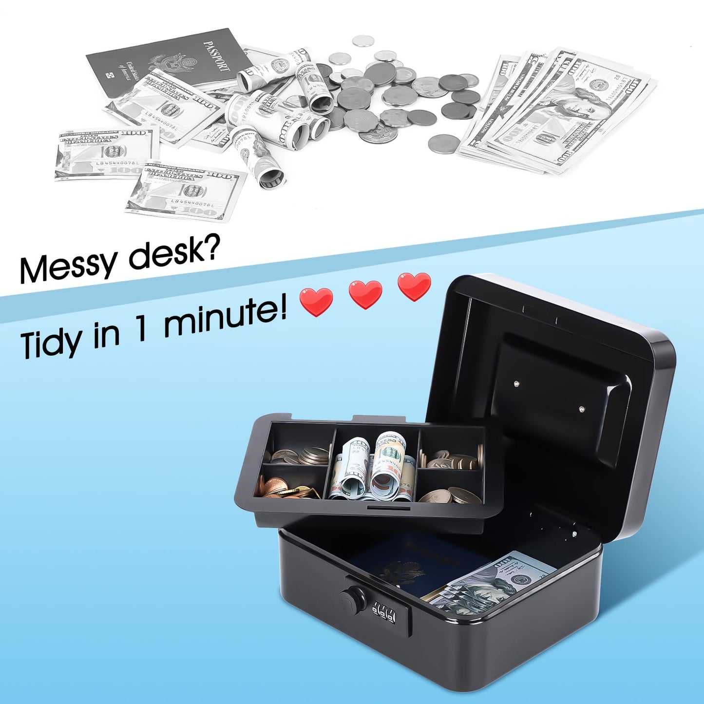 KYODOLED Metal Cash Box with 3-Digit Combination Lock & Money Tray - Secure Safe for Home, Office & Events, Ideal for Cash, Meds & Small Items, 7.87" x 6.30" x 3.35", Black, Cold-Rolled Steel, 4PACK
