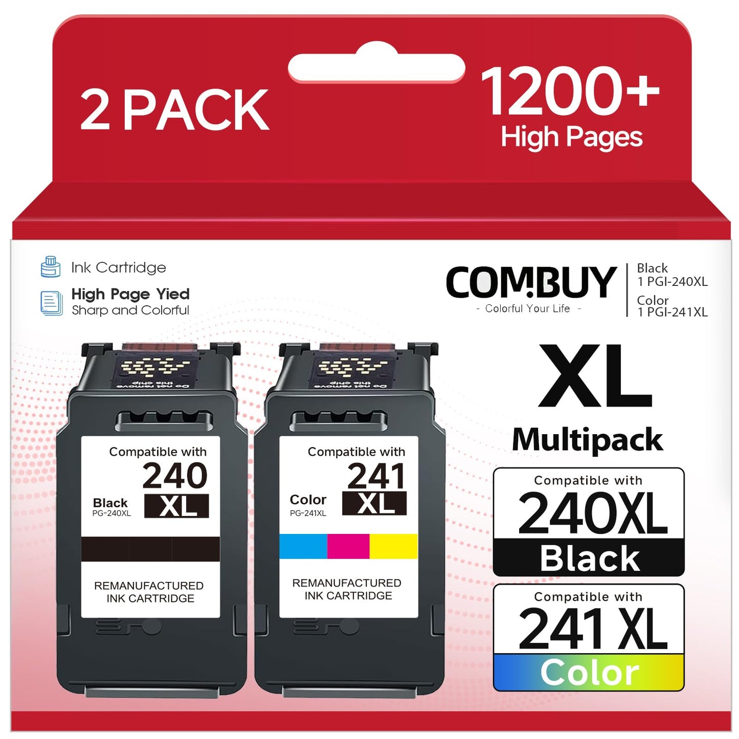 PG-240XL CL-241XL Ink Cartridges Compatible for Canon 240XL 241XL Combo Pack Work with PIXMA MG3620 MG3600 TS5120 MG3520 MG3220 MG2120 MG4220 MX392 MX452 MX522 Printer (1 Black,1 Tri-Color)