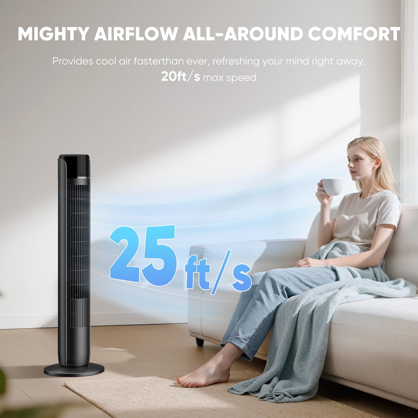 NEWBULIG Tower Fan for Bedroom, Oscillating Standing Bladeless Fan with Remote, 5 Speeds & 4Modes, 28db Quiet for Sleep, 25ft/s High Velocity, 12H Timer, Office, Home, Dorm