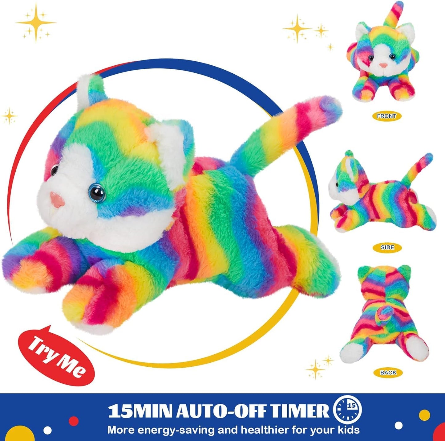 Glow Guards 13'' Light Up Rainbow Cat Plush Toy with LED Night Light & Lullaby for Kids, Soft Stuffed Animal Christmas & Birthday Gift (Cat_led)