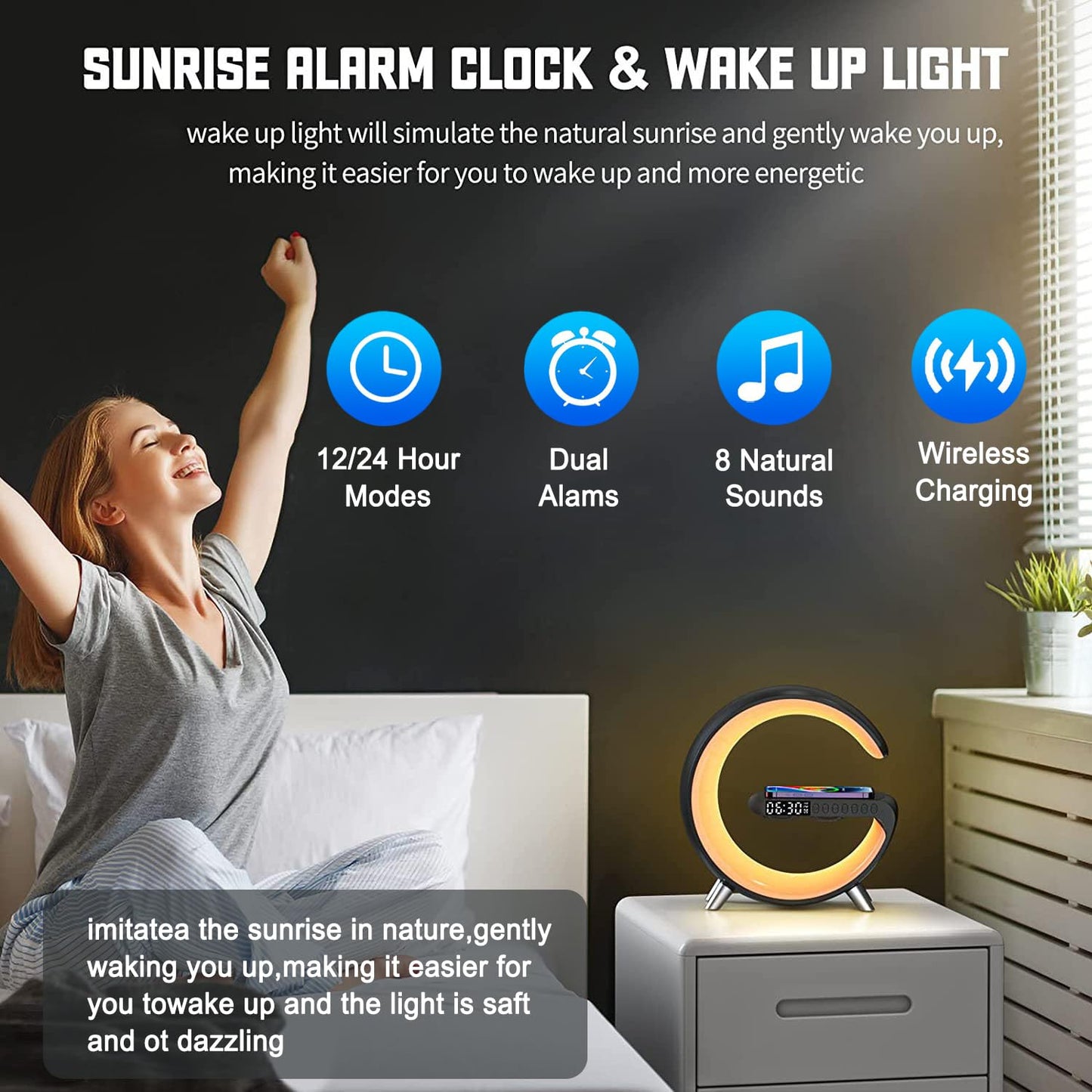Smart LED Table Lamp, 4-in-1 Wireless Charger, Night Light, Alarm Clock, Bluetooth Speaker with App Control, Bedside Lamp with Charging Station for Bedroom, Office, Home Decor, Teen Girls Boys Gifts