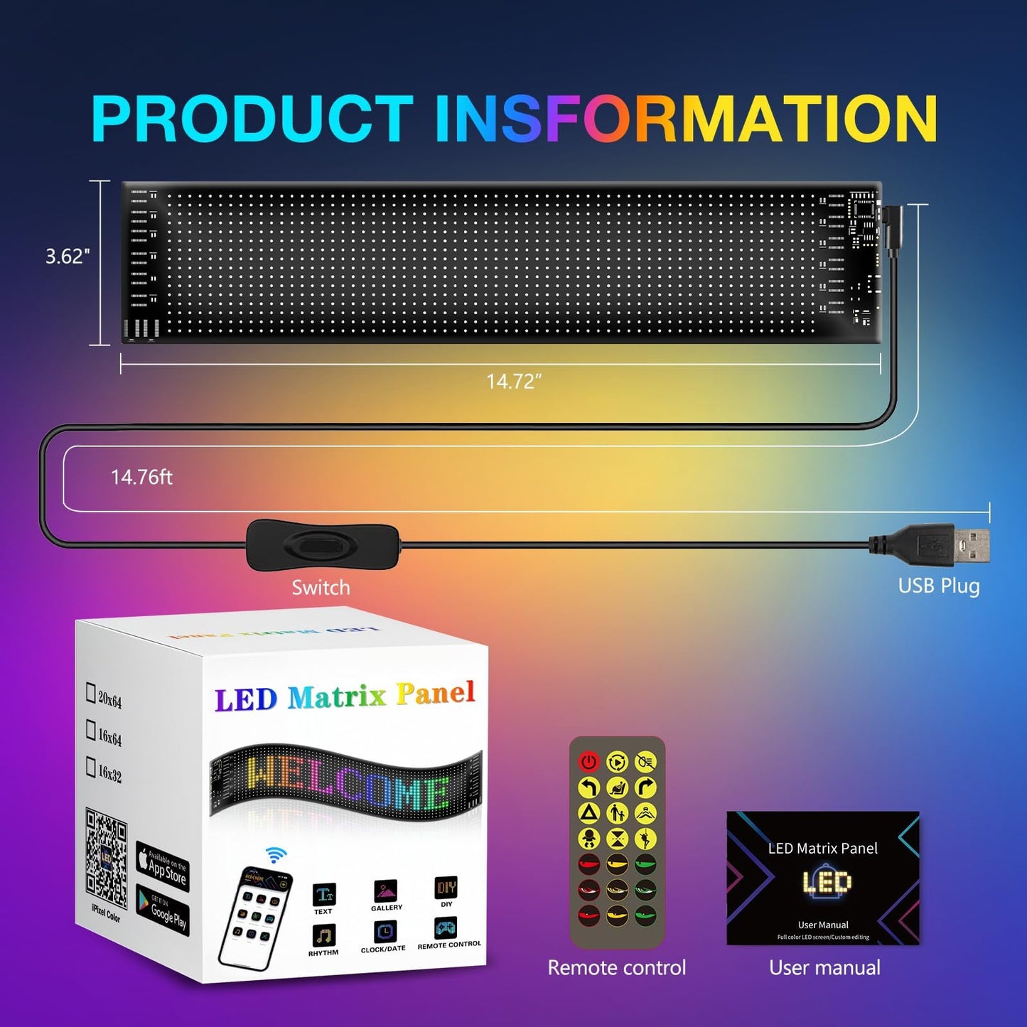 Programmable Scrolling Led Sign 15"x4" - 5V USB Operated Flexible Digital RGB Matrix Display Panel with Bluetooth App Control, Custom Text, Message Light Up Board for Car, Shop, Signage, Advertising