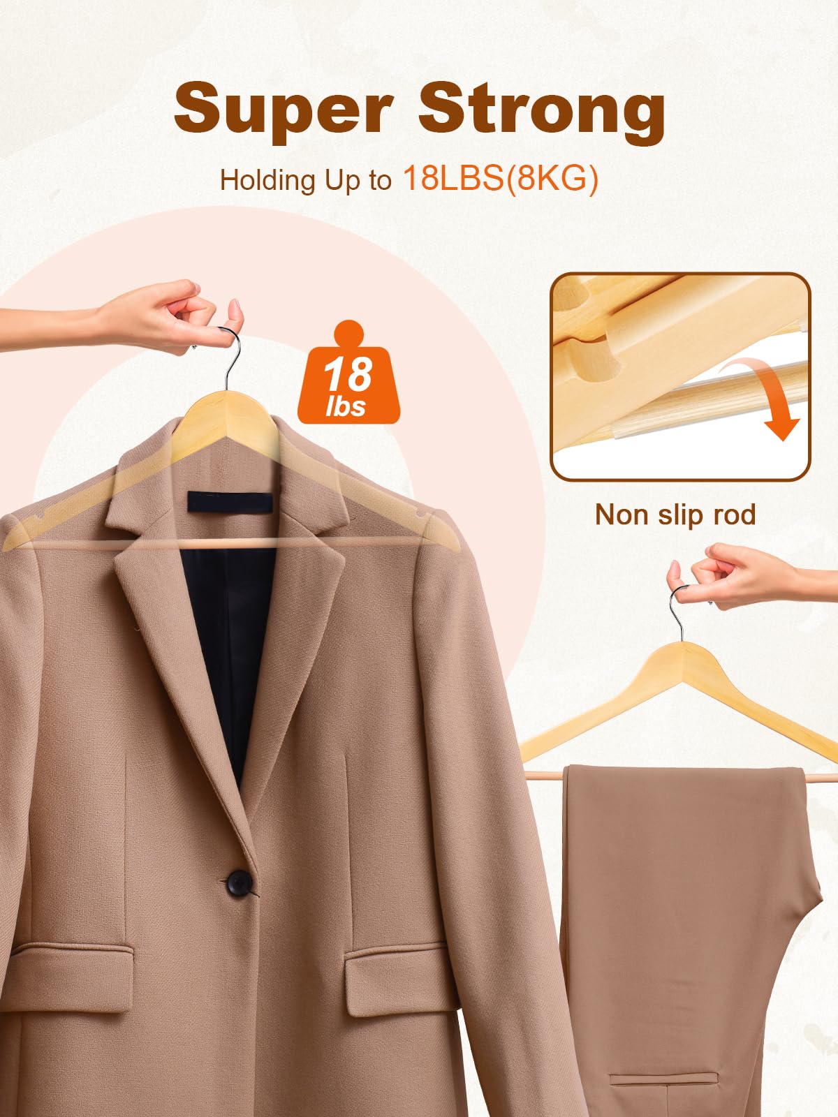 HOUSE DAY Wooden Hangers 30 Pack, Solid Wood Clothes Hangers with Non Slip Pant Bar, Heavy Duty Wooden Coat Hanger for Closet, Smooth Finish Wood Hangers for Shirts, Suits Jackets, Dress, Natural