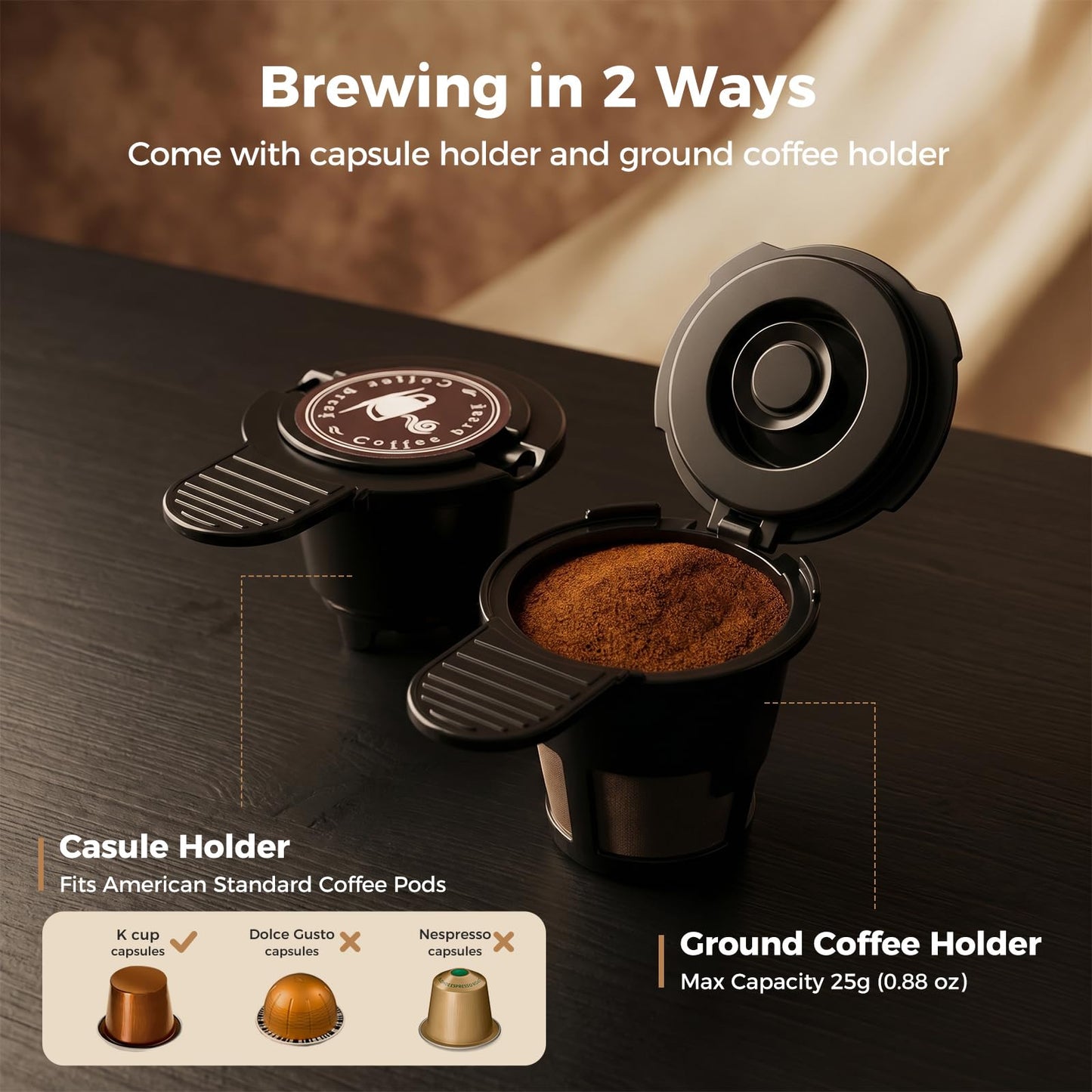 Aromvel 2-in-1 Single Serve Coffee Maker for K Cup Pods & Ground Coffee, 6 to 14 oz Brew Sizes, Compact Small Brewer with Dual Buttons, Adjustable Drip Tray for Travel Mugs, Silver