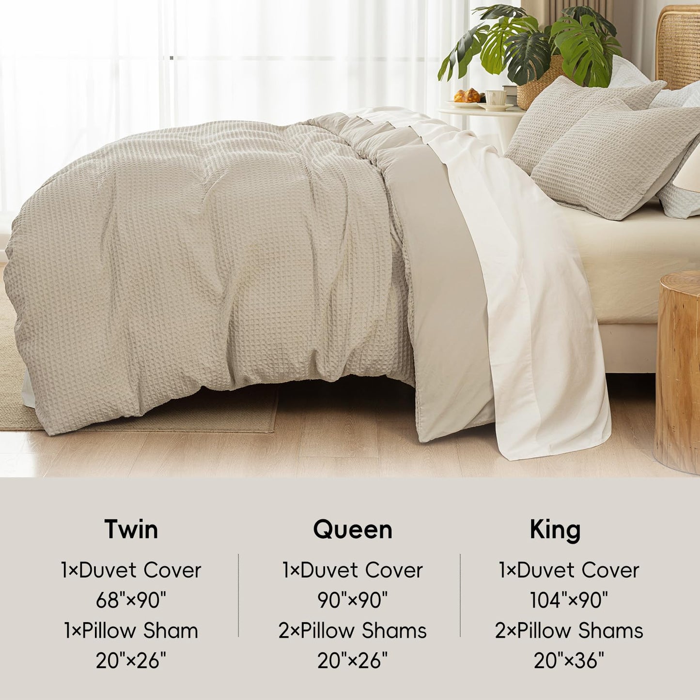 David's Home Waffle Weave Duvet Cover Set King Size,Soft Breathable 3pcs Comforter Cover Set with 2 Pillowcases,Textured Home Decor Bedding Set Cozy for All Seasons, Nature 104"×90",No Comforter