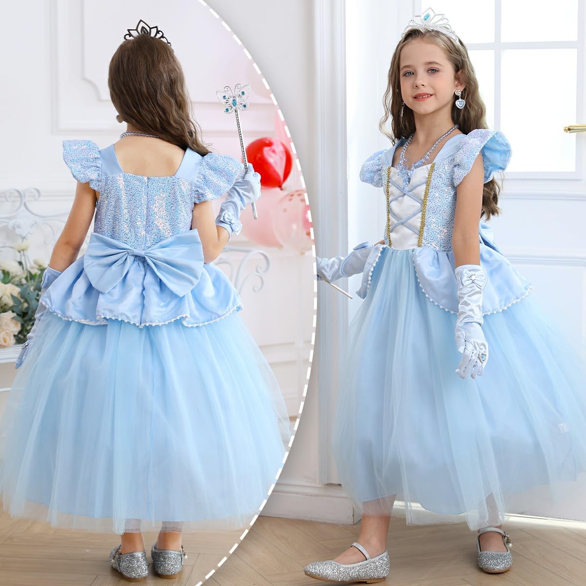Luzlen Cinderella Costume for Girls Kids Blue Princess Dress with Accessories Halloween Birthday Party Outfits, 4-5T(Tag 120)
