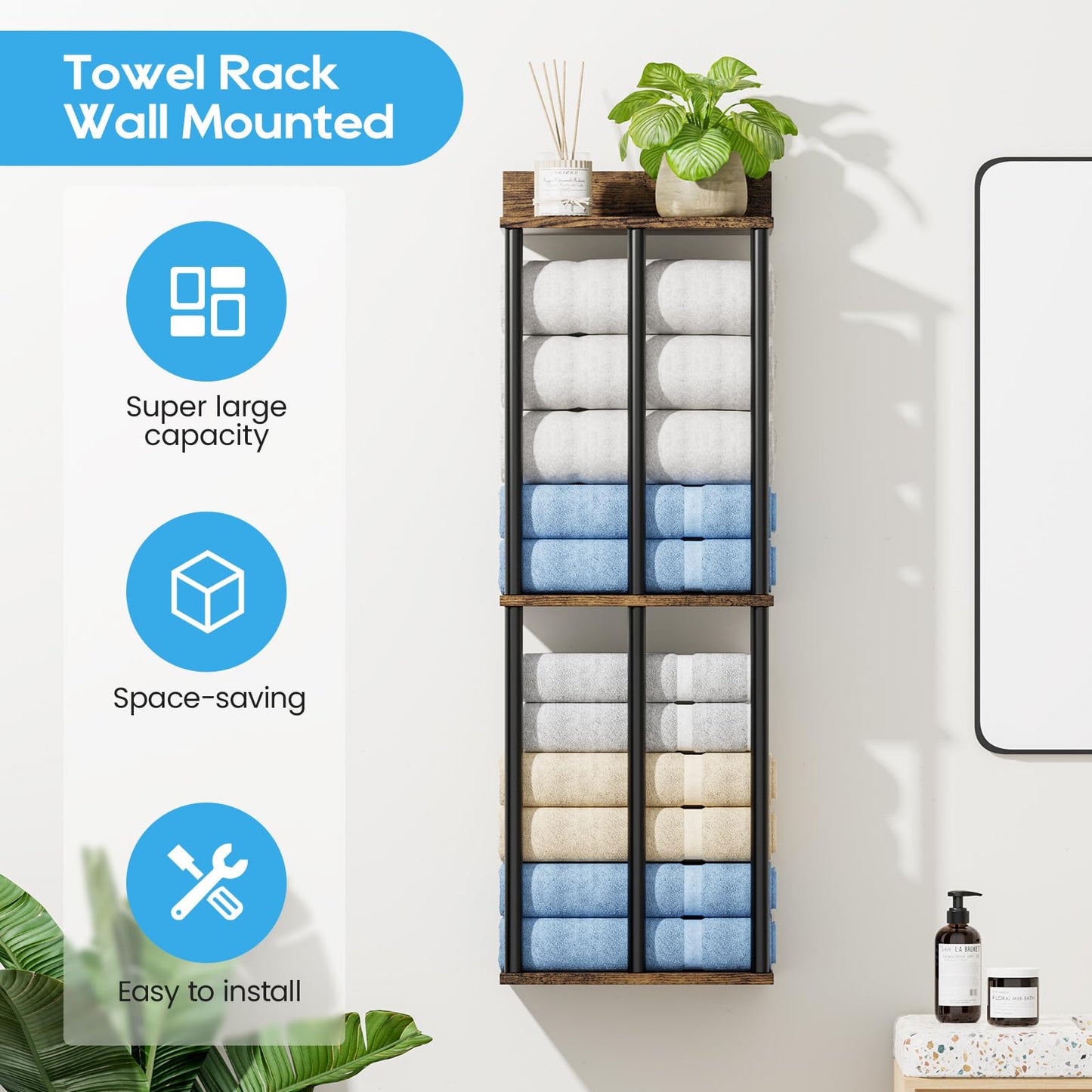 WeGXY Towel Racks for Bathroom Wall Mounted with Wooden Storage Shelf, Updated 3 Bar Metal Towel Holder for Rolled Towels, Sturdy and Large Capacity, Towel Storage Organizer
