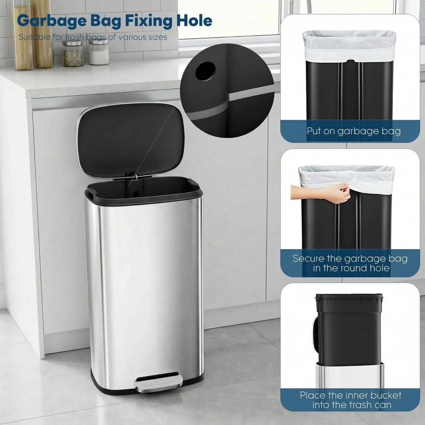 8 Gal Kitchen Trash Can, 30L Recycling or Garbage Bin, Brushed Stainless Steel Waste Basket, Soft&Quiet Close Dustbin, with Step-On Pedal, Removable Inner Bucket, for Home, Office, Living Room