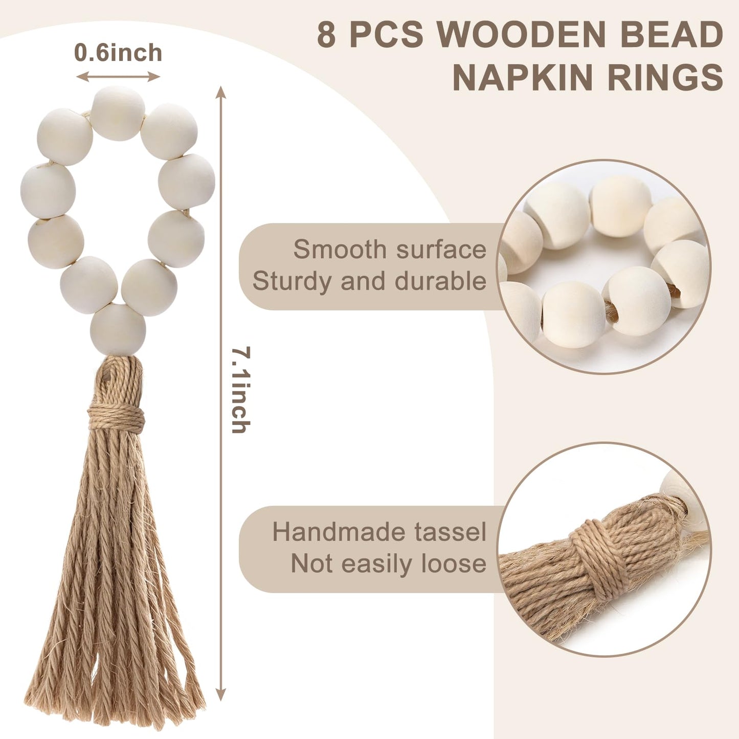 Hardcometrue Woven Placemats Set of 8, 13.8" Natural Water Hyacinth Round Rattan Placemats with Wooden Beads Napkin Rings for Kitchen Dining Table Decor