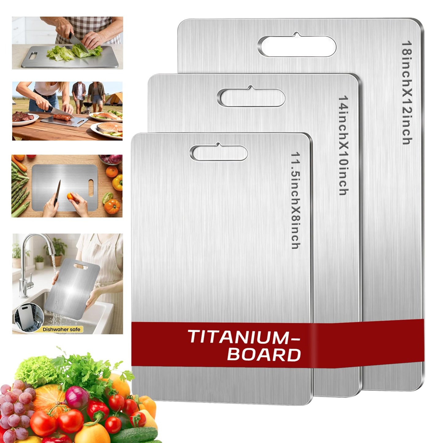 Titanium Cutting Board Set of 3, 100% Pure Titanium Cutting Boards for Kitchen, Double-Sided Non-Toxic Cutting Board for Dicing Meats Fruits Vegetables, Dishwasher Safe (S+L+M)