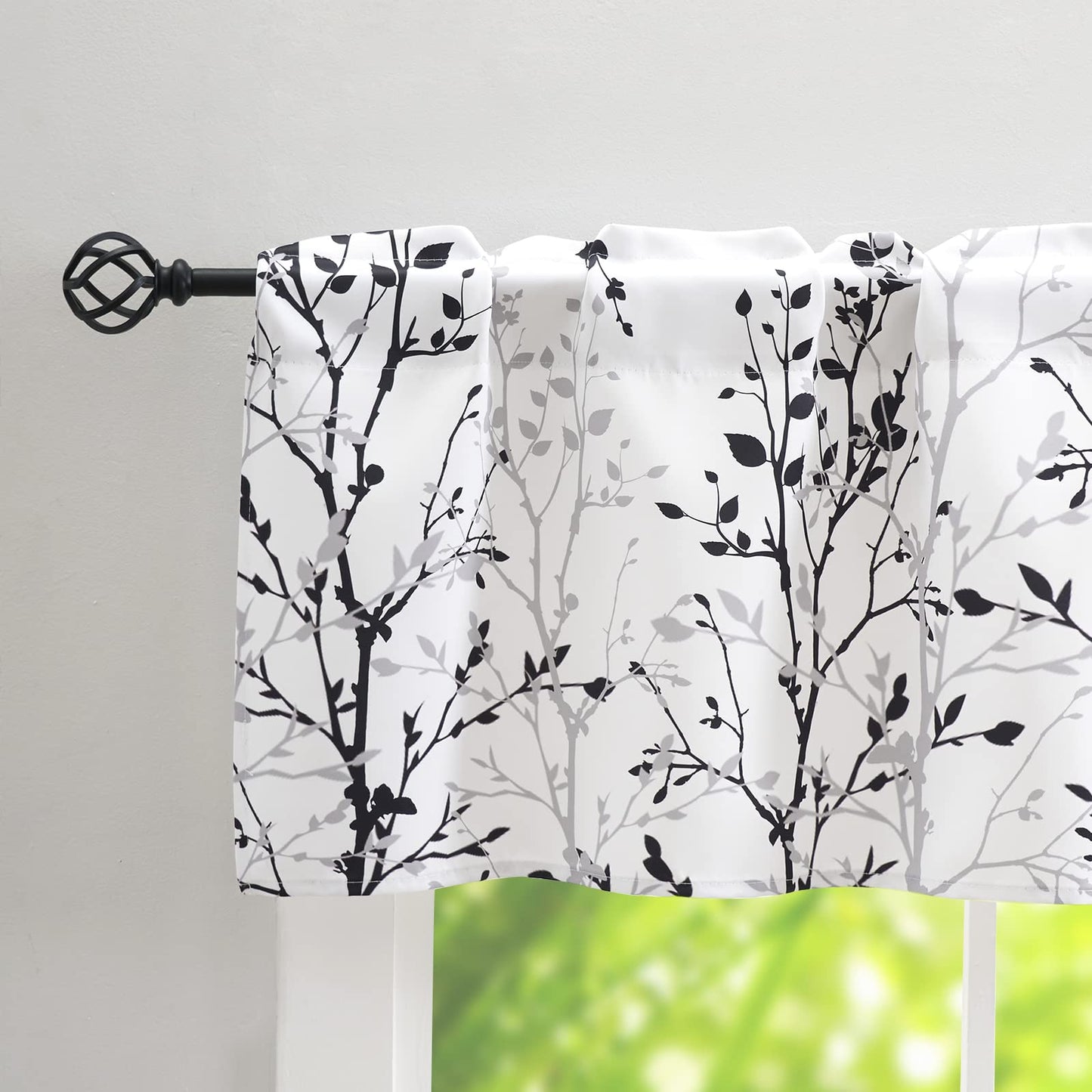 Luvyohmee Tree Branch Printed Valance Curtain, 18 inches Long Kitchen Valance, Black and Grey Window Valances for Kitchen, Bathroom, Dining Room, Living Room, Bedroom and Kid’s Room 4 Panels