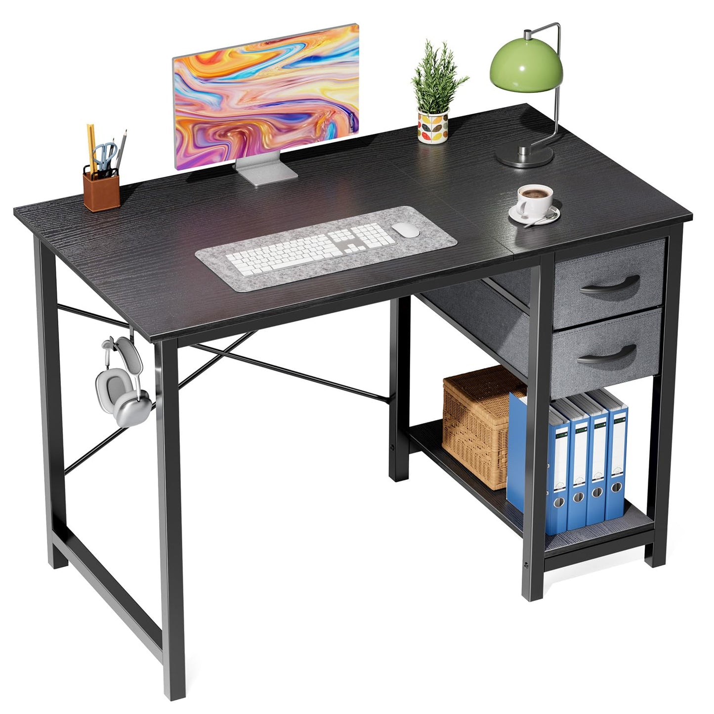 Sweetcrispy 40 Inches Computer Desk with Drawers Home Office Writing Table X-Shaped Reinforcement Modern Work Surface Side Hook Sturdy Metal Frame Large Space Storage Organization Black