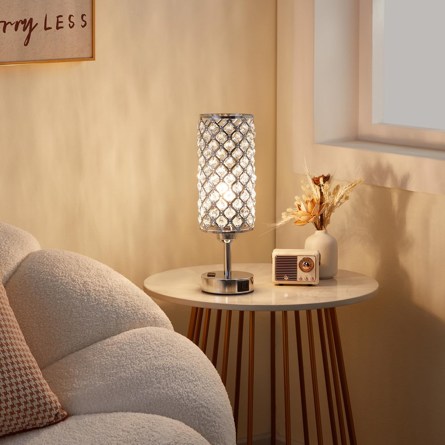 Crystal Lamp Touch Control Set of 2, Sliver Crystal Table Lamps with USB C+A Ports & AC Outlet, 3-Way Dimmable Nightstand Touch Lamp, Modern Bedside Table Lamp for Bedroom(Bulbs Included)