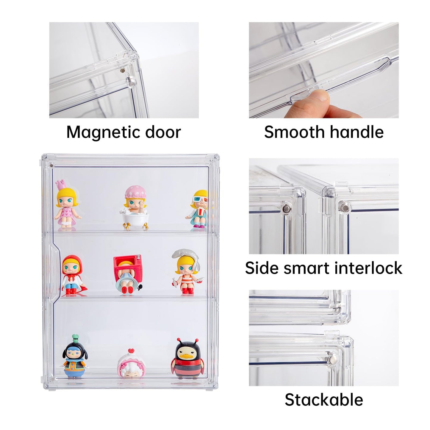 BOHOIDEE 2Pack 3 Tiers Clear Display Case for Figures, Acrylic Storage Organizers Box with Magnetic Door, Wall-Mounted Dustproof Showcase for Collectibles Action Figure