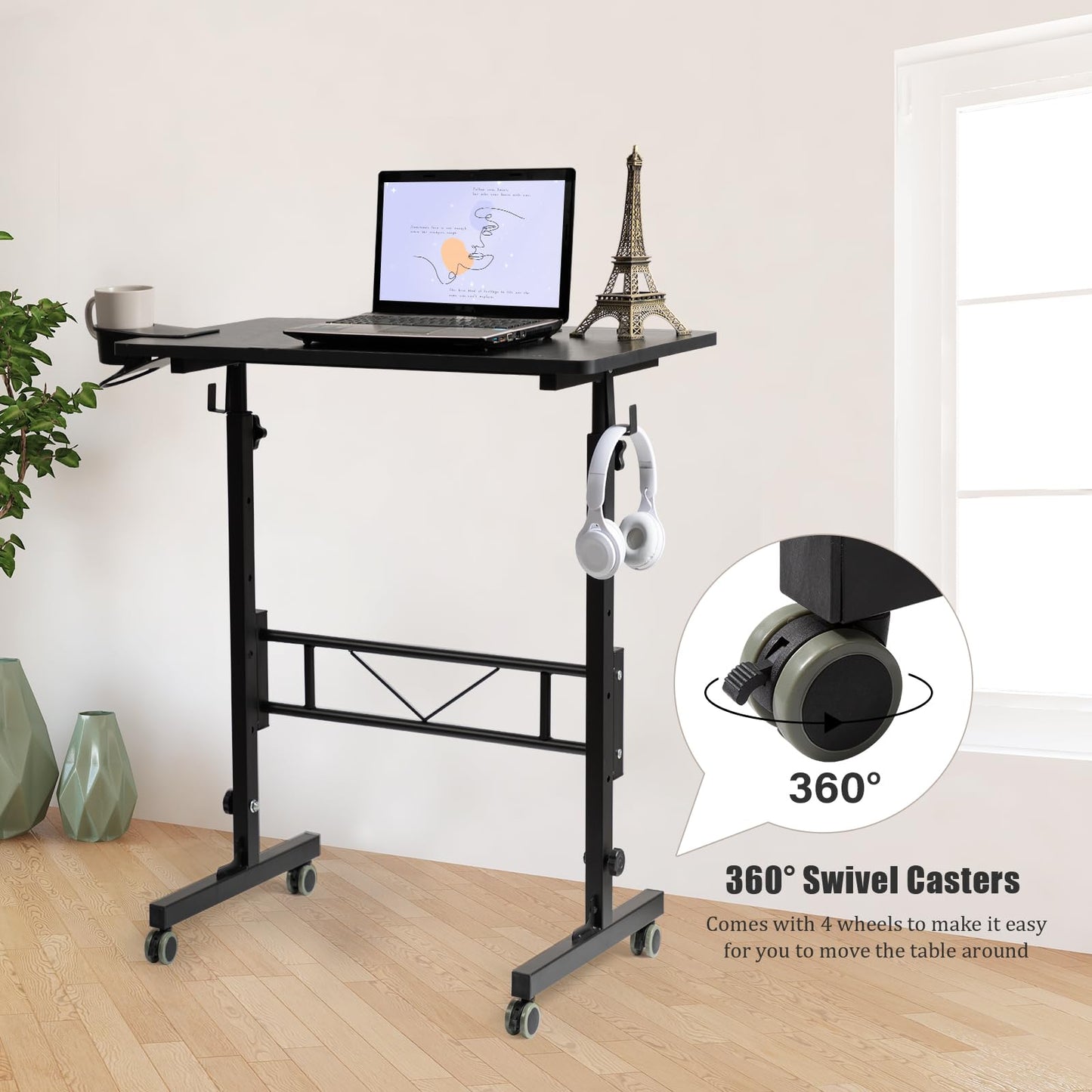 SIDUCAL Standing Desk Adjustable Height, Small Mobile Table with Wheels, Rolling Desk for Standing or Sitting, Portable Computer Desk for Walking Pad, Black