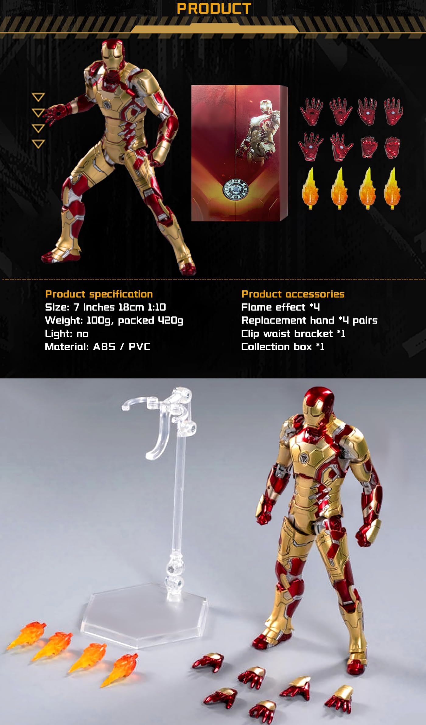OVONNI 7 Inch Ironman MK42 Action Figure,Exquisite Painting Collectible Figure with Lots of Accessories (1/10 Scale)