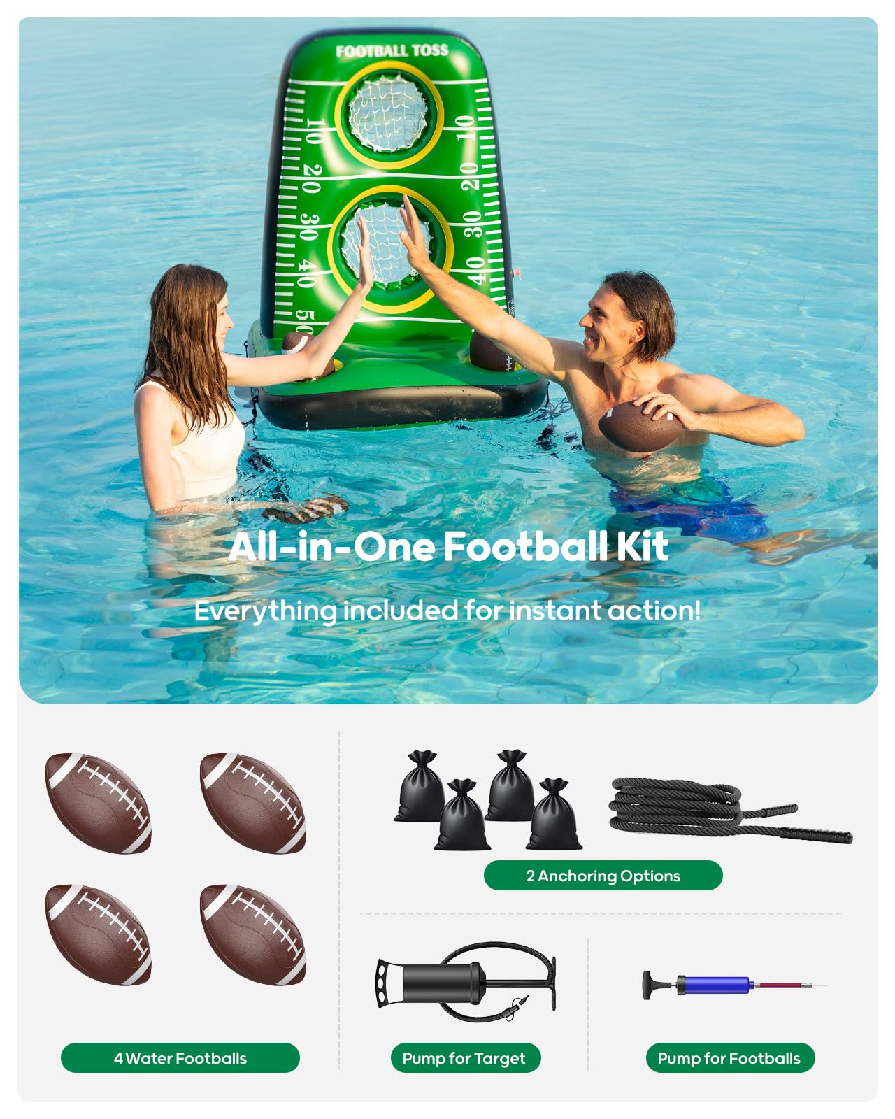 QPAU Inflatable Football Toss Game for Pool – Water Football Target with 4 Balls & 2 Pumps, Dual Net Design, Stable Base, Summer Pool Game for Kids & Adults