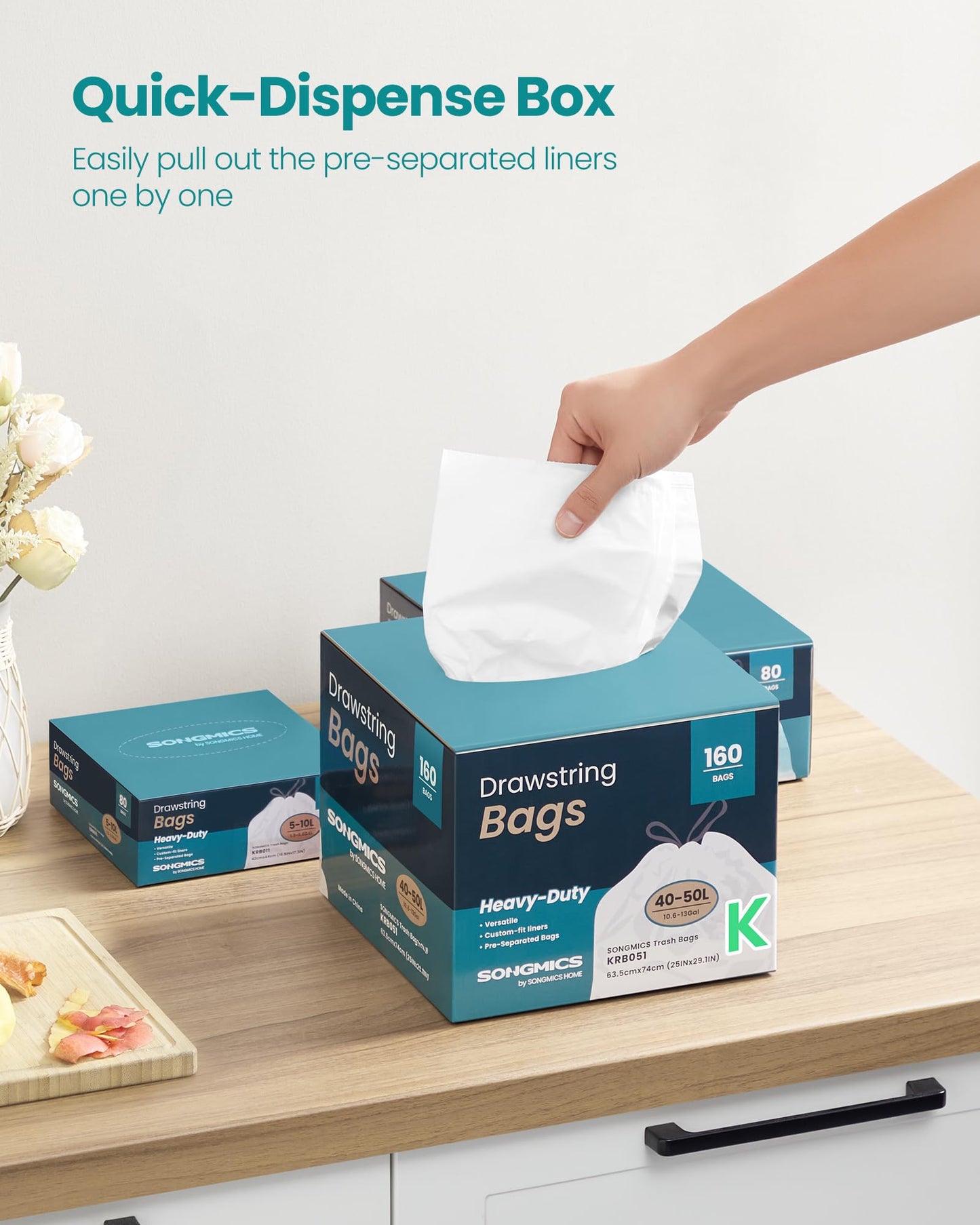 SONGMICS Trash Bags, Drawstring Kitchen Garbage Bags, Pre-Separated, Quick-Dispense Box, for 13-Gallon (50 L) Trash Cans, Liner Code K, 4 Rolls, 160 Count, White UKRB051A04