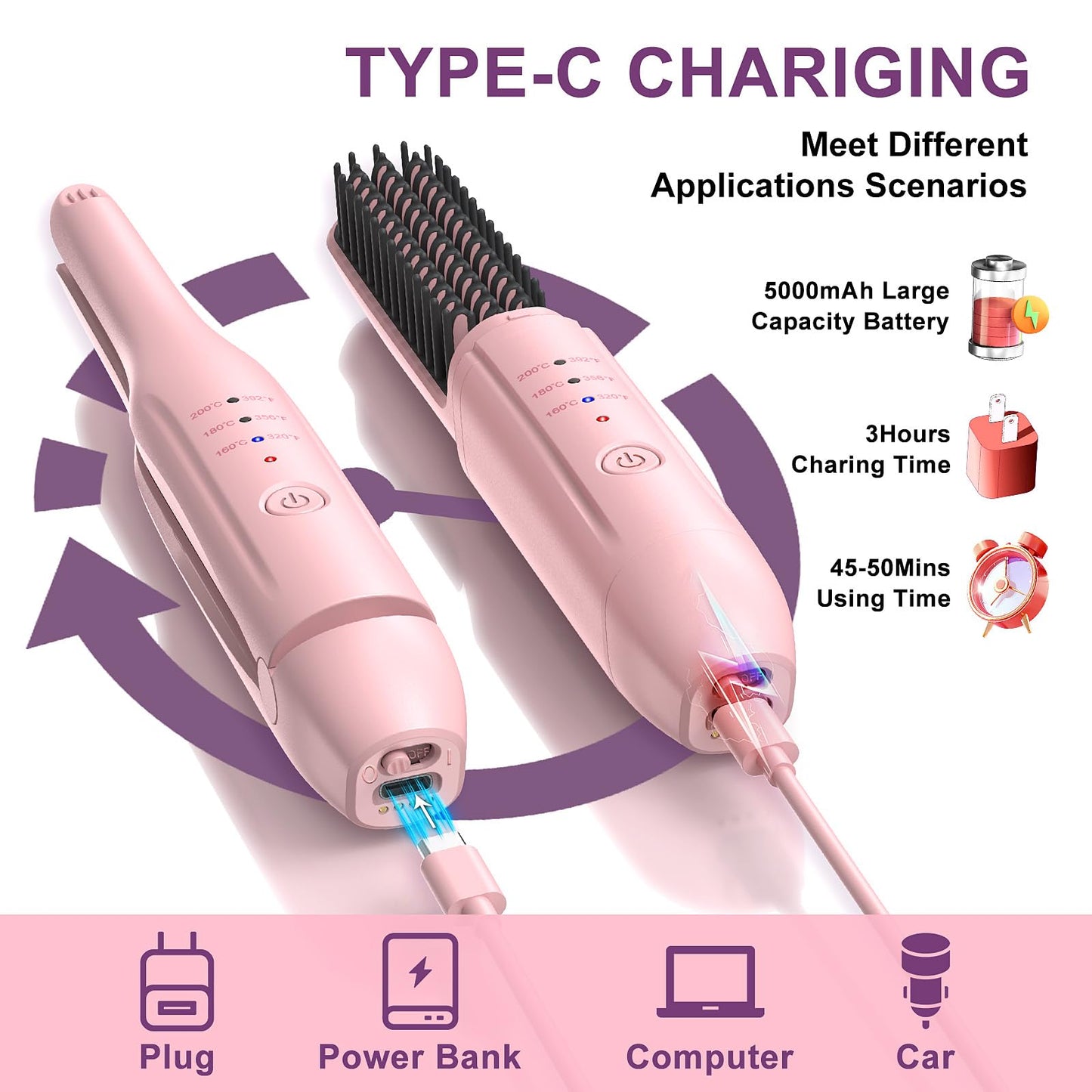 2Pcs Pink Cordless Portable Hair Straightener and Travel Hair Straightener Brush Set with Carrying Case, Hair Straightening Irons and Hot-Air Hair Brushes Set for Beauty and Personal Care
