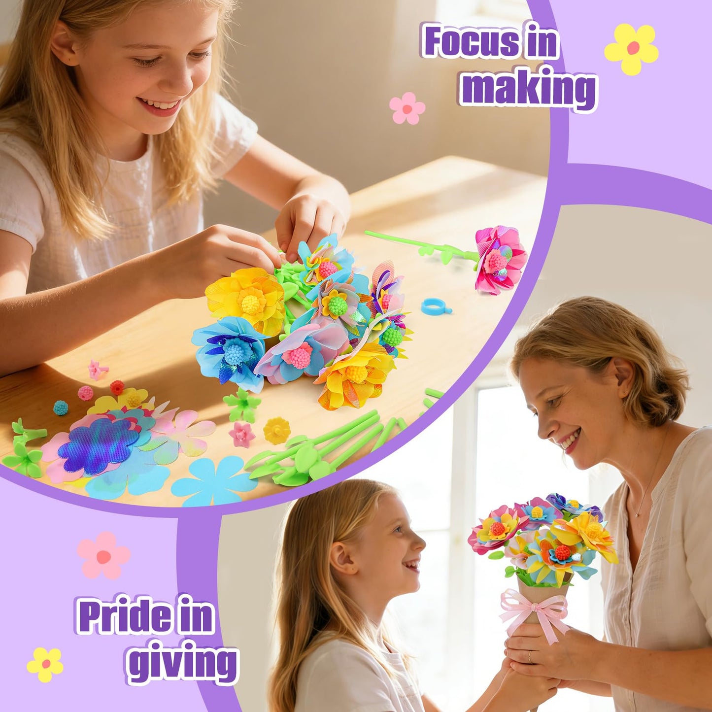 IQBOX Flower Craft Refill Kit for Kids Ages 4–8 – 217+ PCS Flower Making Accessories for Kids DIY Bouquet, Headband, Bracelet Supplies