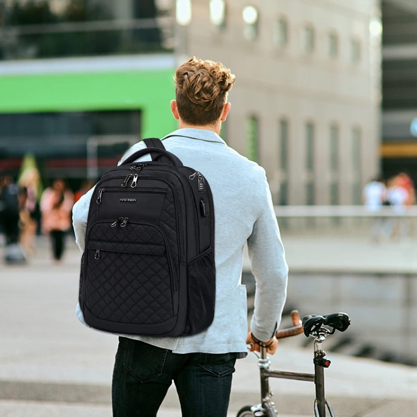 KROSER Travel Laptop Backpack 17 Inch Large Computer Backpack Water-Repellent Daypack with USB Charging Port RFID Pockets for Work/Business/College/Men/Women(Quilted)