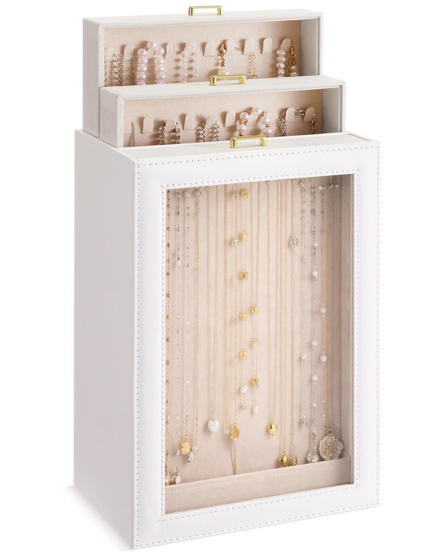 Huquary 3 Layer Vertical Necklace Holder Organizer Box 12.6" x 7.9" x 5", 30 Hooks PU Necklace Storage Box with Clear Lid Necklaces Display Case for Jewelry Organizer Storage Women Gift(White)