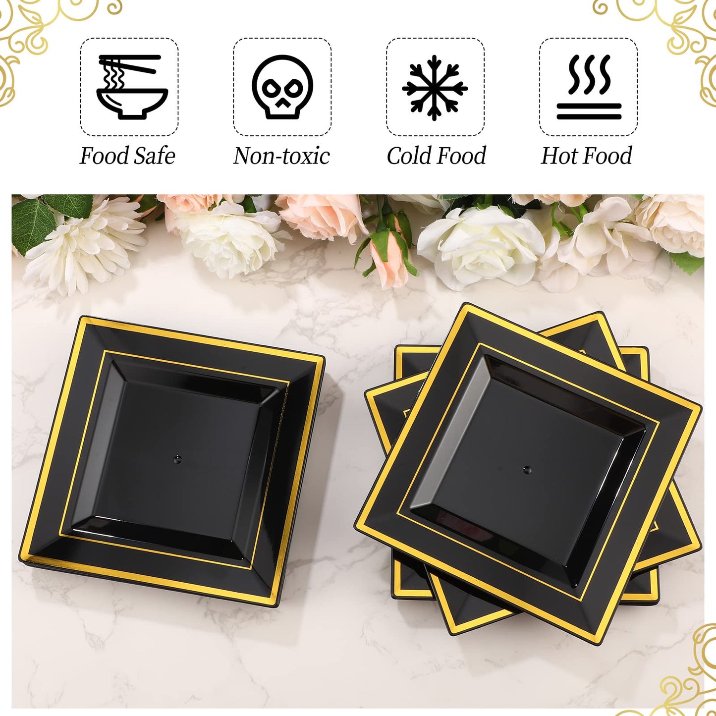 Gandeer 200 PCS Black and Gold Plastic Dessert Plates Square 6.5 Inch Disposable Appetizer Cake Salad Plates Silverware with Gold Rim for Wedding Birthday Anniversary Party