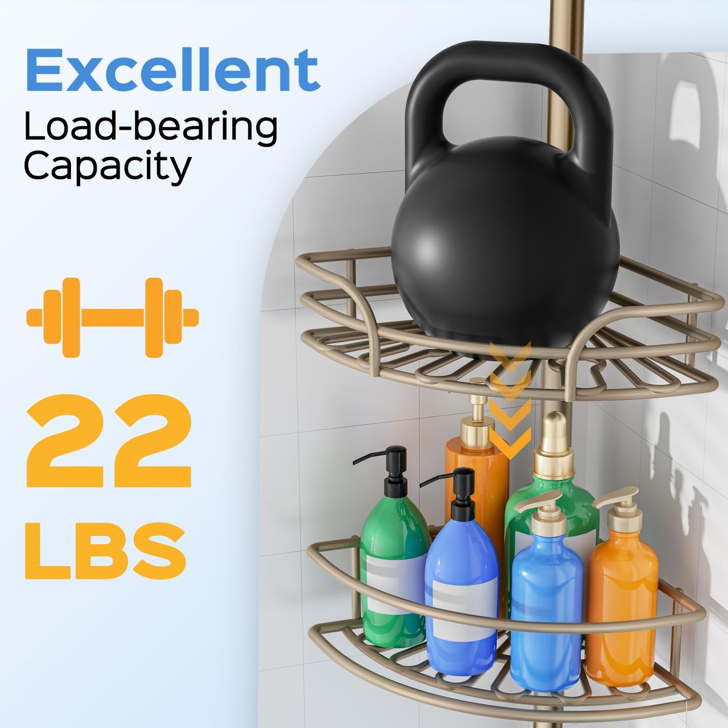 HAMITOR Shower Caddy Corner Tension Pole: 4-Tier Large Capacity Bathroom Organizer Shelves - Rustproof No-Drill Adjustable 47-123 inch Shower Storage for Renters, Home Bathtub Stand Rack, Tan Khaki