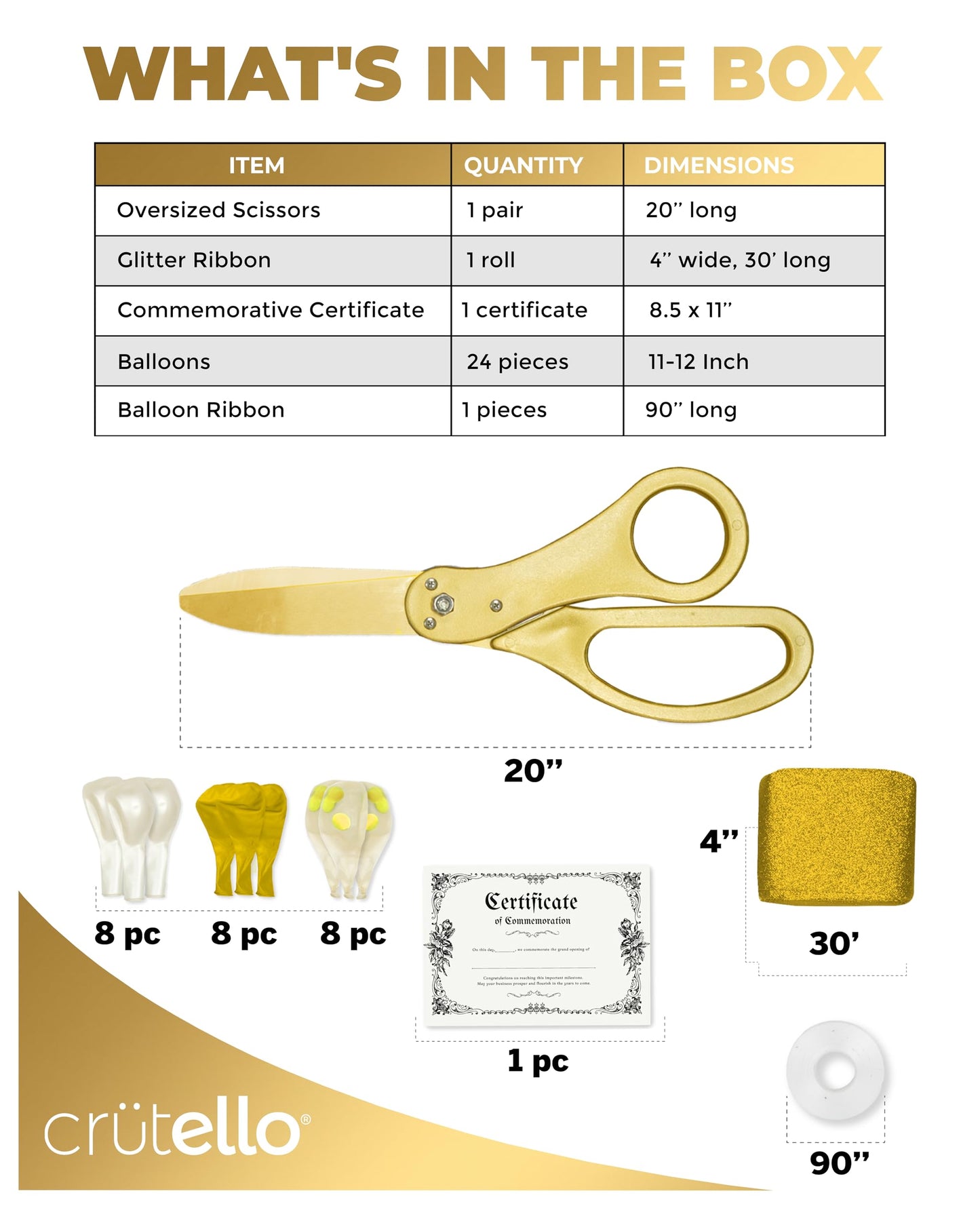 Crutello Ribbon Cutting Ceremony Kit - 20"Giant Scissors with Gold Handle, 30ft Sparkle Giant Gold Ribbon 4"Wide, 24 Balloons & 90ft Balloon Band for Grand Opening Decorations