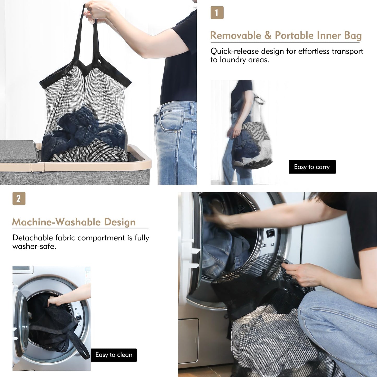 DOKEHOM 160L Extra Large Laundry Hamper with Lid, 2-Section Double Laundry Basket with Removable Mesh Liner Bags, Collapsible Clothes Sorter for Family, Bedroom, Laundry Room, Dark Grey