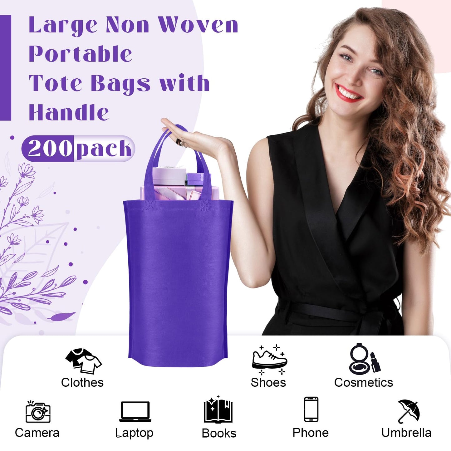 Windyun Reusable Grocery Bags Large Non Woven Shopping Bags with Handle Foldable Portable Tote Carryall Bulk 11.8x6x13.8 Inch(200 Pcs,Purple)