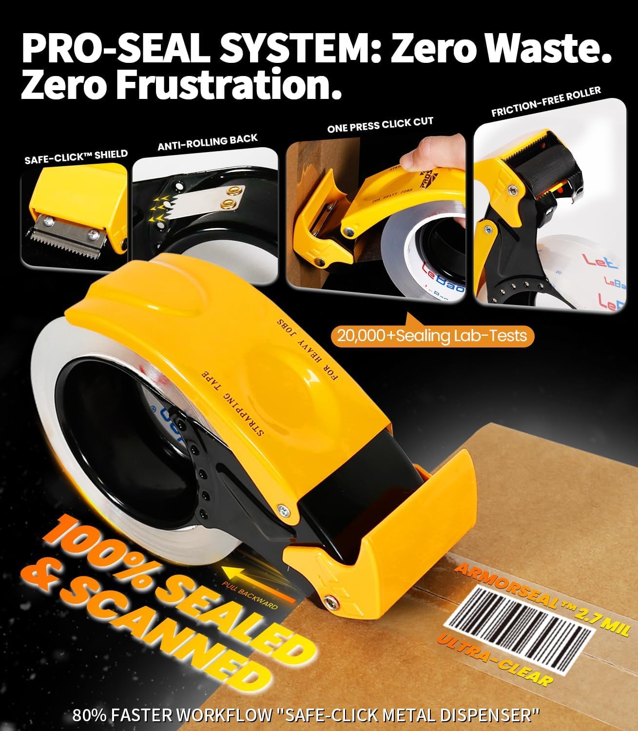 LeBao Heavy Duty Packing Tape with Dispenser, Strong HD Clear Packaging Tape, 1.88 in. x 60 yd. x 2.7MiL, Secure Sealing for Cardboard Moving Boxes Shipping Supplies (12-Pack Refill)