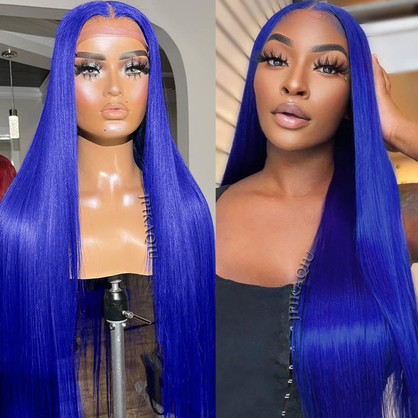JPIKAQIU Blue Lace Front Wig Long Straight Navy Blue Synthetic Lace Front Wigs for Fashion Woman Heat Resistant Fiber Hair Glueless Lace Wigs Pre Plucked