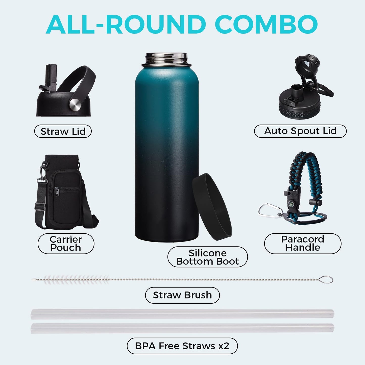 32 40 64OZ Insulated Water Bottle - Keep Cold 48H Hot 24H, Combo Straw & Spout Lids, Survival Paracord Handle, Bottle Carrier Bag w/Strap, Protective Cup Mat, Stainless Steel Flask Jug