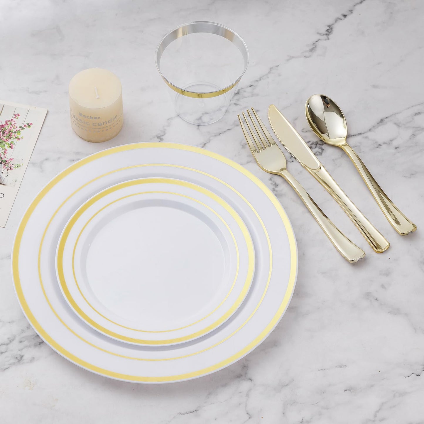 BESTVIP 300PCS Plastic Dinnerware Set (50 Guests), Gold Disposable Plates for Party, Wedding, Christmas, Anniversary, Includes: Dinner Plates, Dessert Plates, Cups, Spoons, Forks and Knives