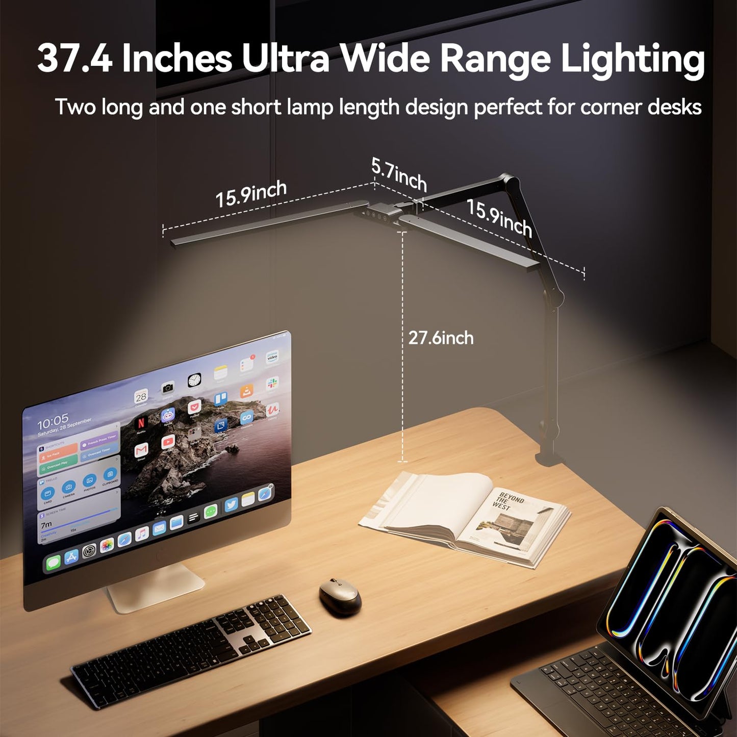 LED Architect Desk Lamp with Clamp - 24W Ultra Bright Adjustable Swing Arm Light for Home Office, 3000 Lumen Auto Dimming Computer Lamp with Stepless Touch Control, Rotatable for Video Calls, Drafting