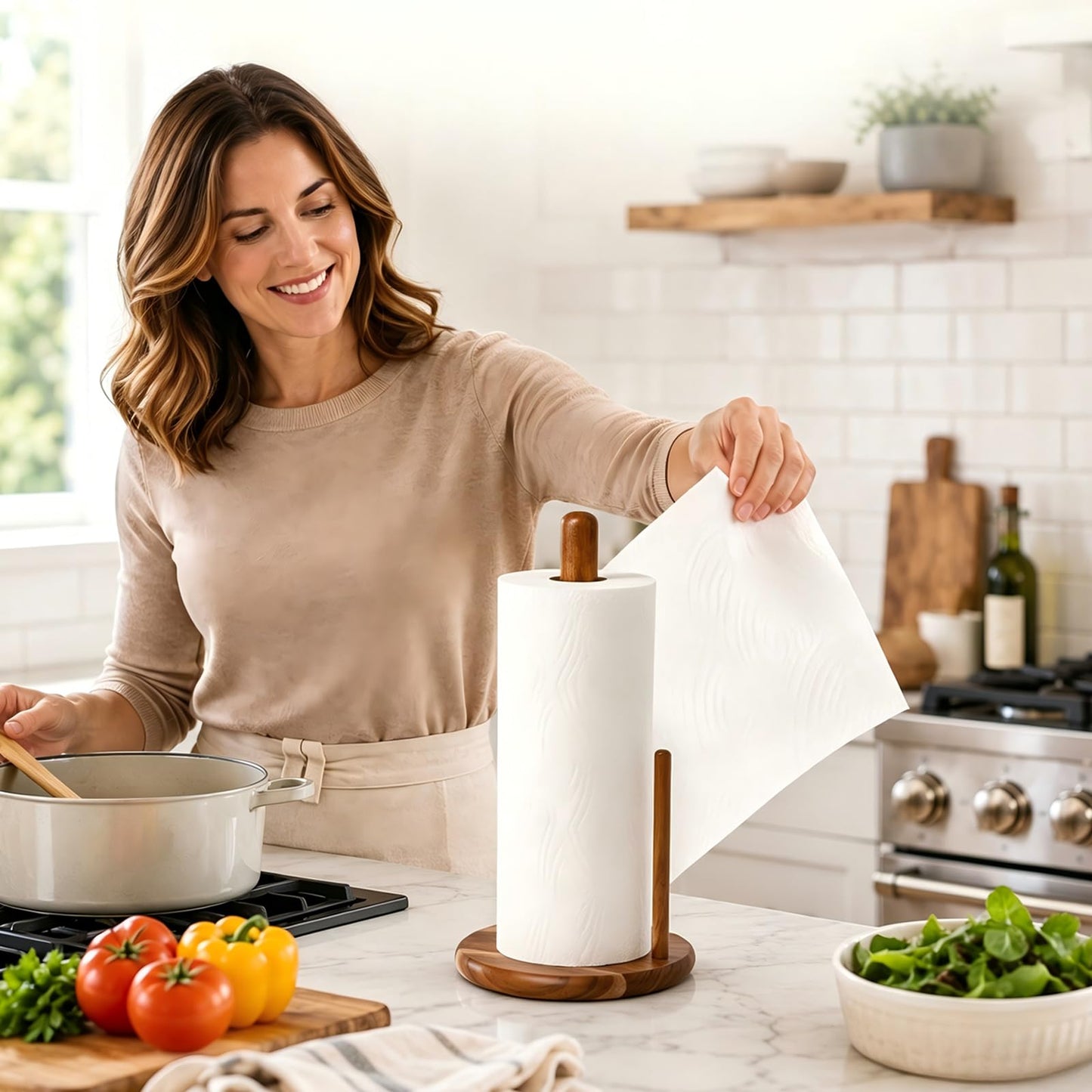 E-ROOM TREND Acacia Wood Paper Towel Holder Countertop, Wooden Paper Towel Holder Thicken Base for Kitchen, Easy to Assemble, Sturdy, Durable, Natural Wood Color