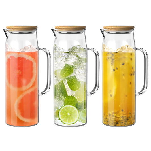 3 Sets Glass Pitcher with Lid, 50 oz / 1500 ml Water Carafe with Handles Hot Cold Beverage Water Jar Glass Jug (Bamboo lid)