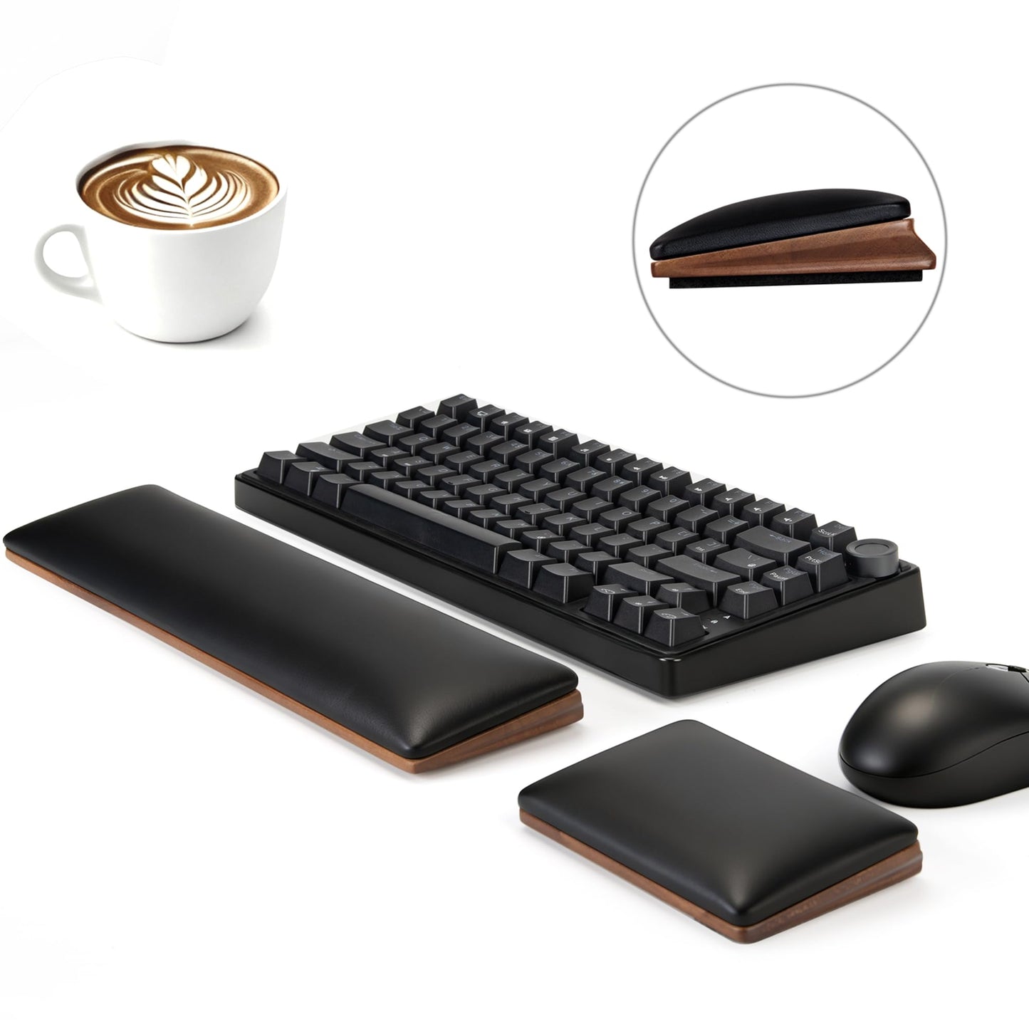 ASFSKY Keyboard and Mouse Wrist Rest Set for 60%-75% Compact Keyboards – Ergonomic Wooden Support Pad with PU Leather & Memory Foam, Anti-Slip Rubber Base for Gaming, Office & Typing Pain Relief