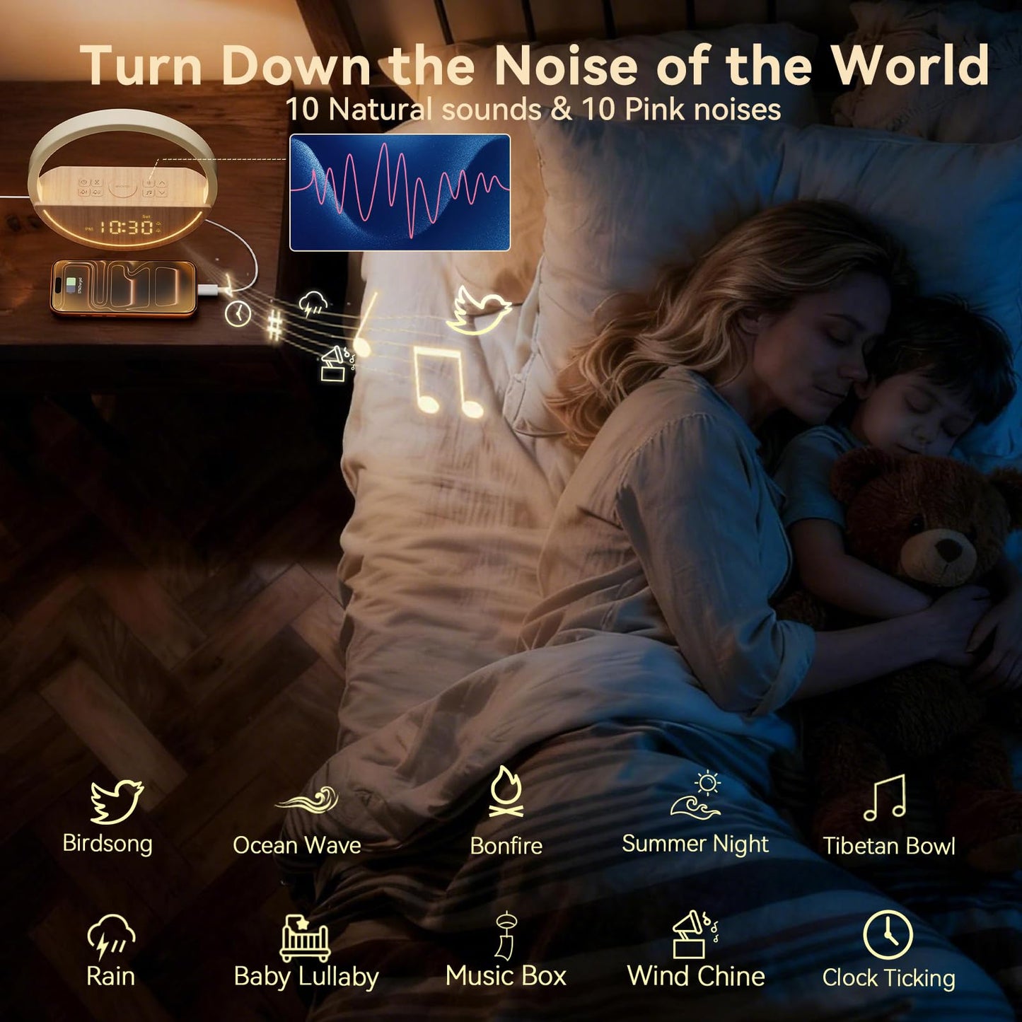 Vivilumens Wake Up Light Sunrise Alarm Clock - White Noise Sound Machine with 20 Soothing Sounds Sleep Better, Weekdays/Weekends Dual Alarms, Bedroom Bedside Lamp, Gift for Heavy Sleepers